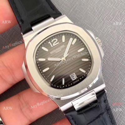 Swiss Quality Chinese Watches Replica Patek Philippe Nautilus Watch SS Gray Dial Black Leather Band